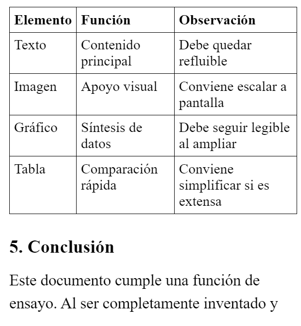 Otra página del EPUB exportado desde BookForge con una tabla y el comienzo del texto de conclusión