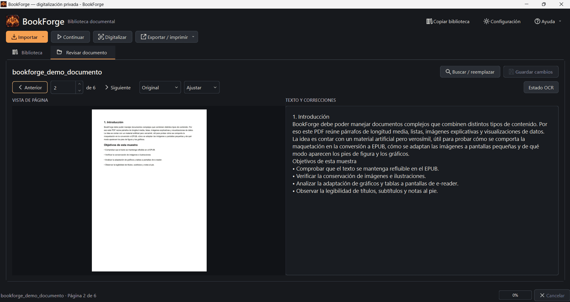 BookForge mostrando una página original del PDF junto al texto OCR para revisión
