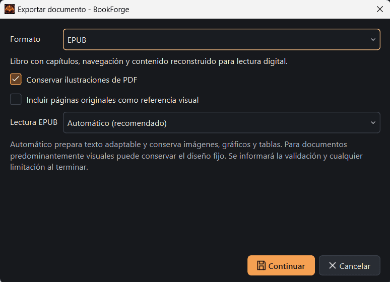 Diálogo de exportación de BookForge con formato EPUB y opción de conservar ilustraciones