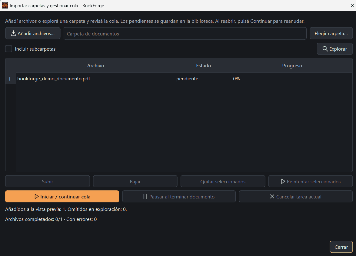 Cola de importación de BookForge con un PDF de prueba pendiente de procesamiento